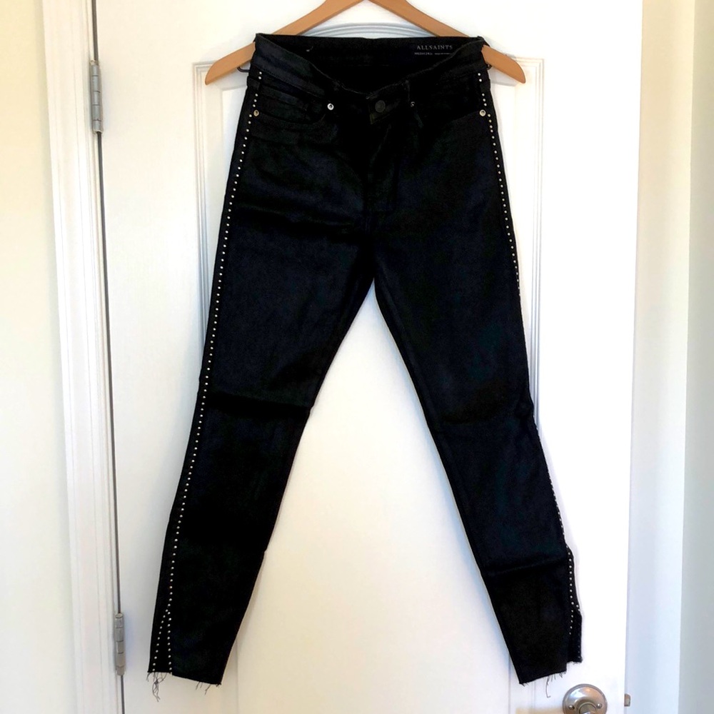 ALL SAINTS 26 BLACK COATED, STUDDED SIDE, SKINNY JEANS